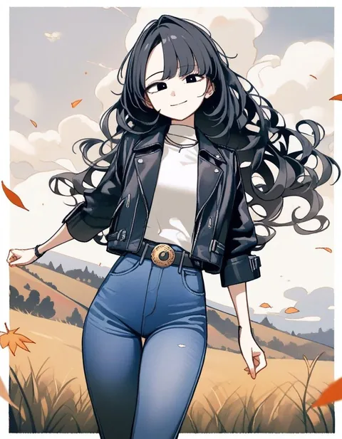 An anime girl with long black curly hair in a suede jacket and jeans, smiling on a grassy hill with autumn leaves