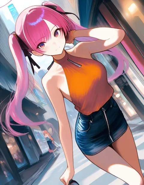 An anime girl with long pink twintails in an orange halter top and denim skirt on a city street, seen at a tilted angle