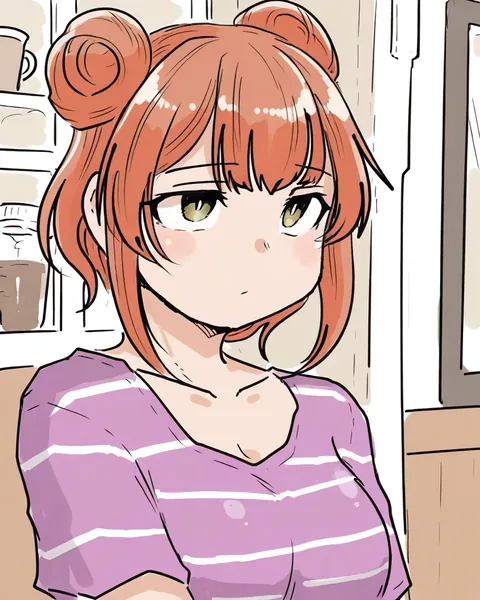 An anime girl with amber hair in a messy bun and a striped shirt in a coffee shop