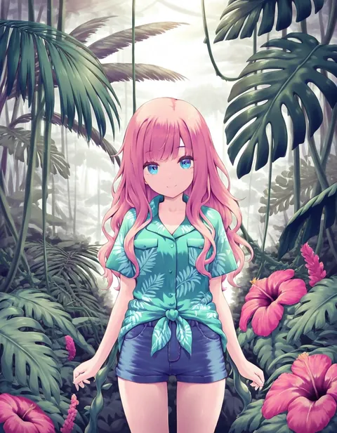An anime girl with wavy pink hair in a Hawaiian print shirt standing among jungle flowers