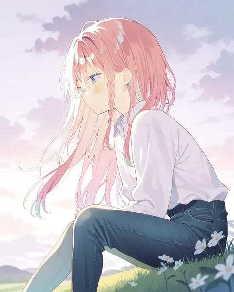 An anime girl with long dark pink braided hair sitting on a grassy hill among wildflowers under a cloudy sky