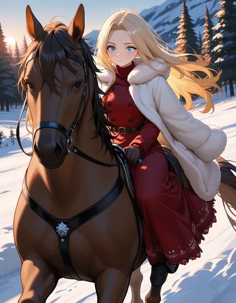An anime girl with long blonde hair in a red dress and white fur coat riding a brown horse through a snowy forest