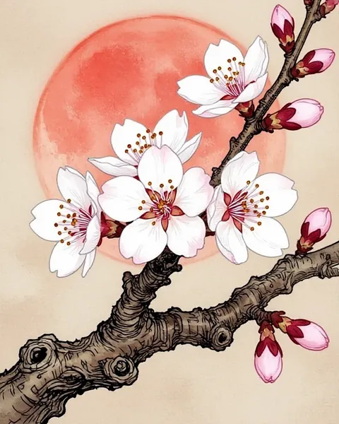 Cherry blossoms on a twisted branch in front of a hazy red moon, in ink and watercolor