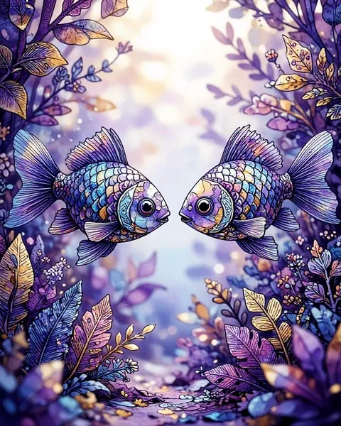 Two patterned goldfish face to face in an underwater garden of purple leaves