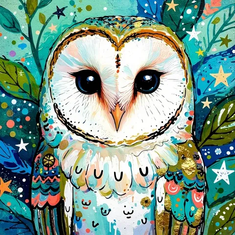 A whimsical mixed-media painting of a barn owl with large dark eyes among leaves and stars