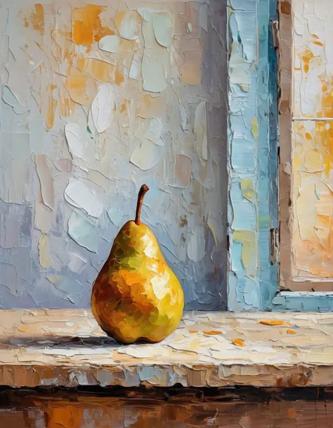 A pear on a wooden table by a window, painted in thick impasto oil