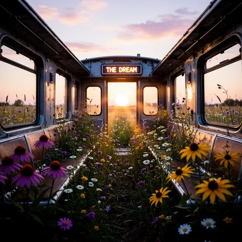 An abandoned subway car overgrown with wildflowers, the setting sun glowing through its far door