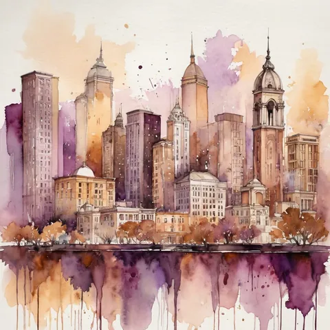 A downtown skyline painted in soft plum and gold watercolor with long drips of color