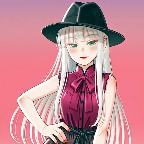 An anime girl with long platinum hair and a black fedora, one hand on her hip