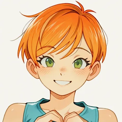 An anime girl with orange pixie-cut hair and green eyes, smiling and making a heart with her hands