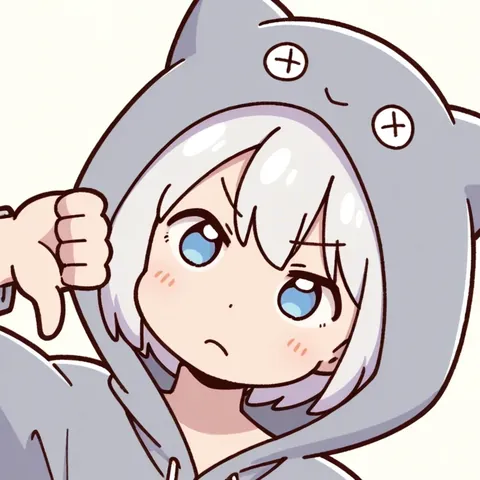 A grumpy anime girl with silver hair in a gray hoodie giving a thumbs down