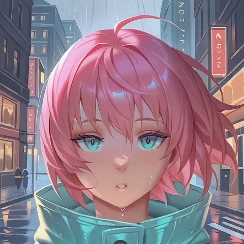 An anime girl with short pink hair in a teal raincoat on a rainy neon street at night