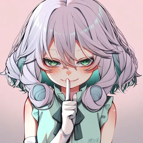 An anime girl with curly light violet hair holding a finger to her lips