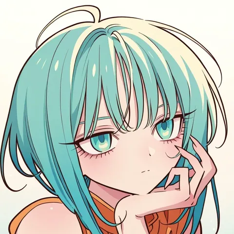 An anime girl with a teal inverted bob resting her chin on her hand