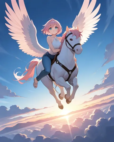 An anime girl with short pink hair hugging the neck of a white Pegasus as it flies toward the viewer at dawn