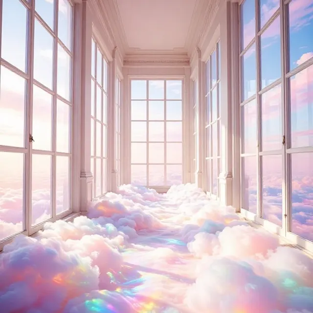 A sunlit white hallway filled with soft rainbow clouds