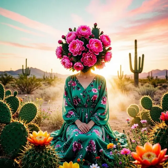 A figure with a head of roses sitting among desert cacti and blooms