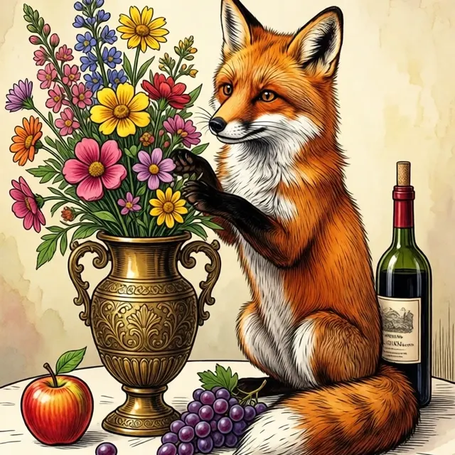 A red fox arranging flowers beside wine and fruit, painted like a still life