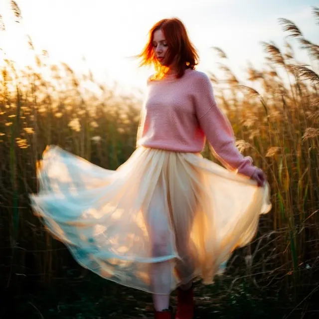 A woman in a flowing dress dancing through tall grass at golden hour