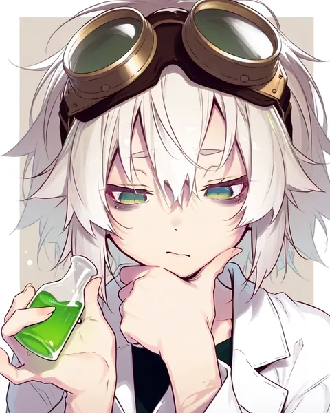An anime scientist with messy white hair and steampunk goggles holding a green potion