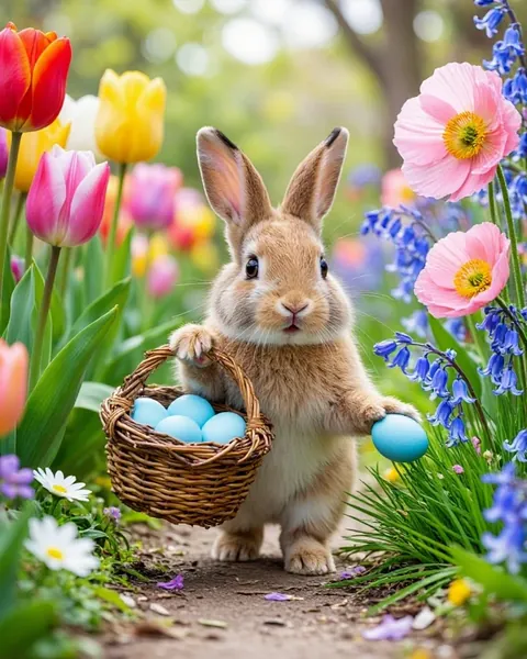 A light brown rabbit carrying a twig basket of blue eggs along a path of spring tulips