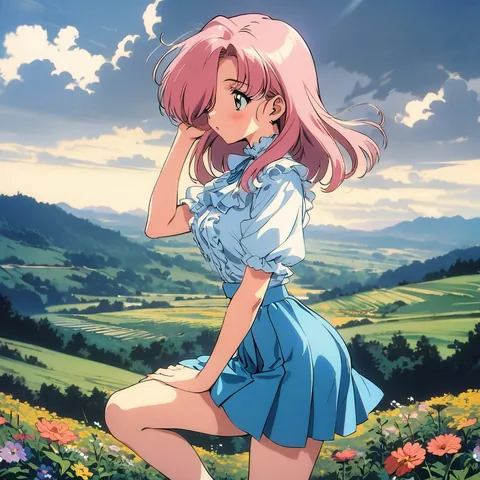 An anime girl with pink hair covering one eye, in a ruffle blouse and pleated skirt, on a wildflower hill