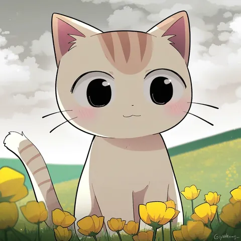 A cute anime kitten mascot sitting behind yellow wildflowers