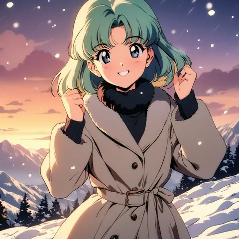 A smiling anime girl with green hair in a wool coat with a fur collar on a snowy hillside